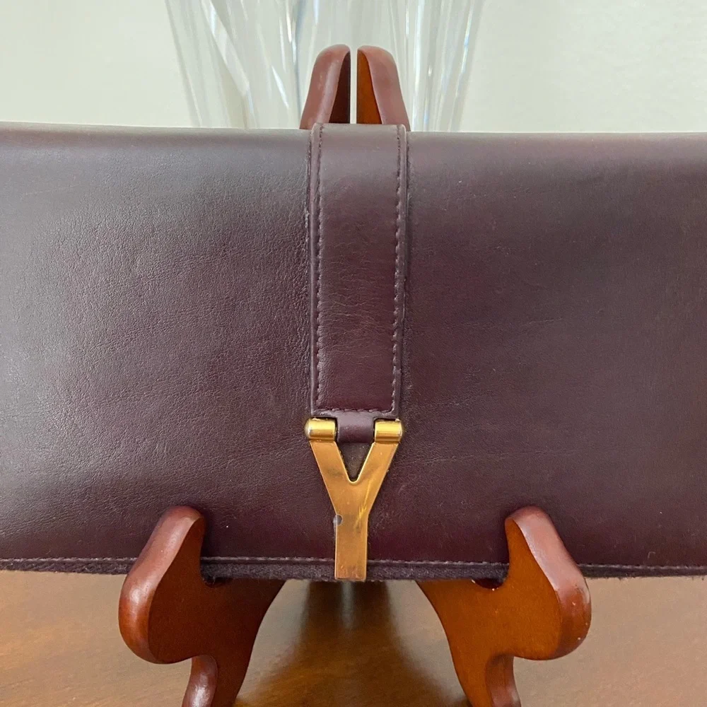 YSL “Y” Zip Around Wallet Calfskin Leather Dark Purple Brass Logo EUC